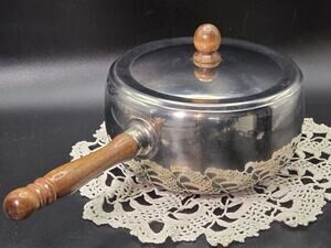 Vintage 1970s MCM Stainless Steel Fondue Sauce Pot Turned Wood Accents